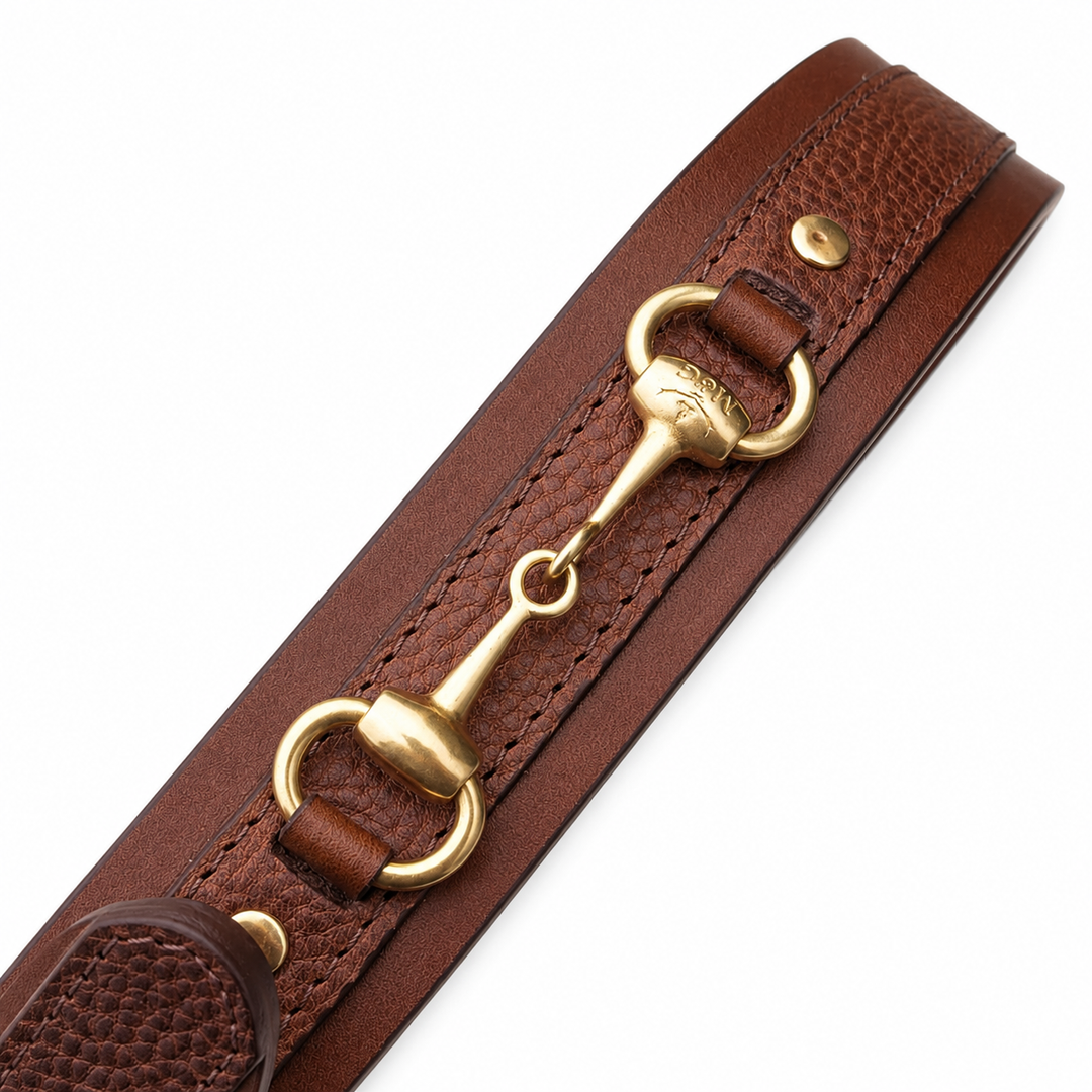 Close-up of the Beaufort brown leather belt snaffle fitting
