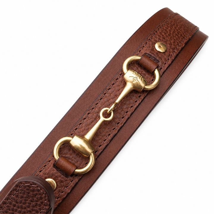 Close-up of the Beaufort brown leather belt snaffle fitting