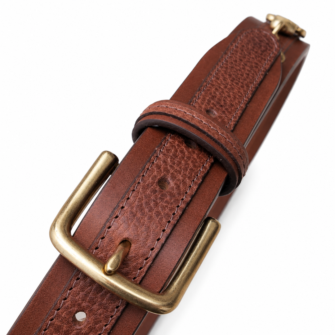 Close-up of the Beaufort brown leather belt buckle