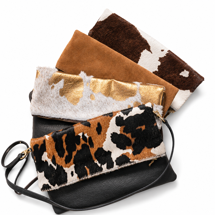 Stowfold bags showing different suede and hide flap options