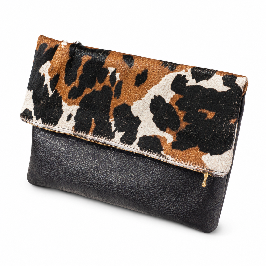 Stowfold black leather bag with tricolour cowhide flap