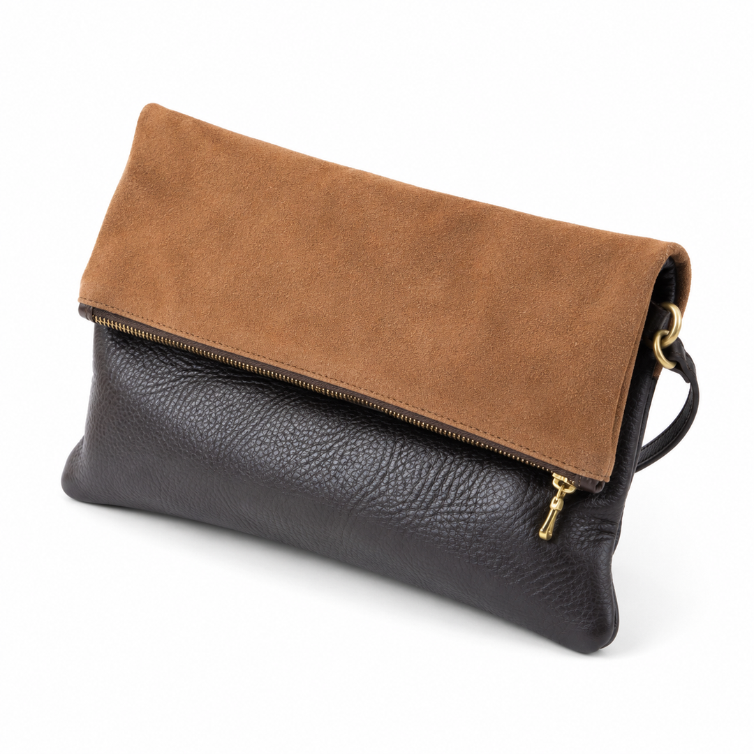 Stowfold black leather bag with tan suede flap