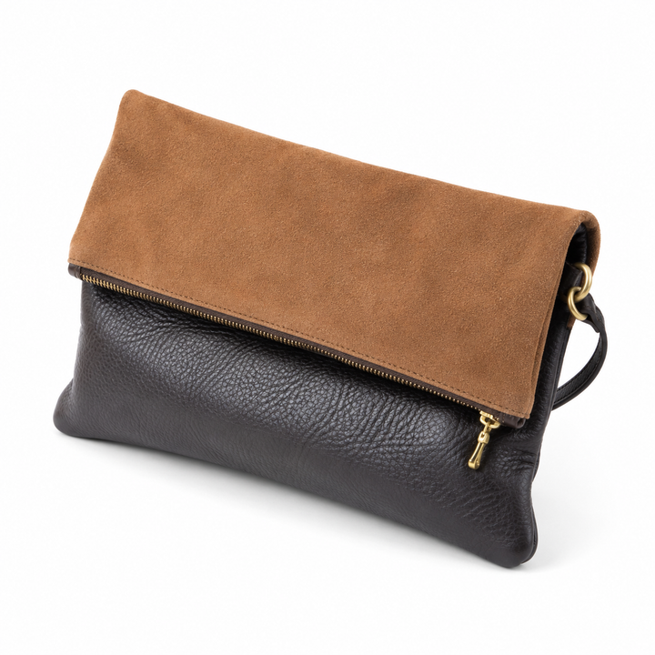 Stowfold black leather bag with tan suede flap