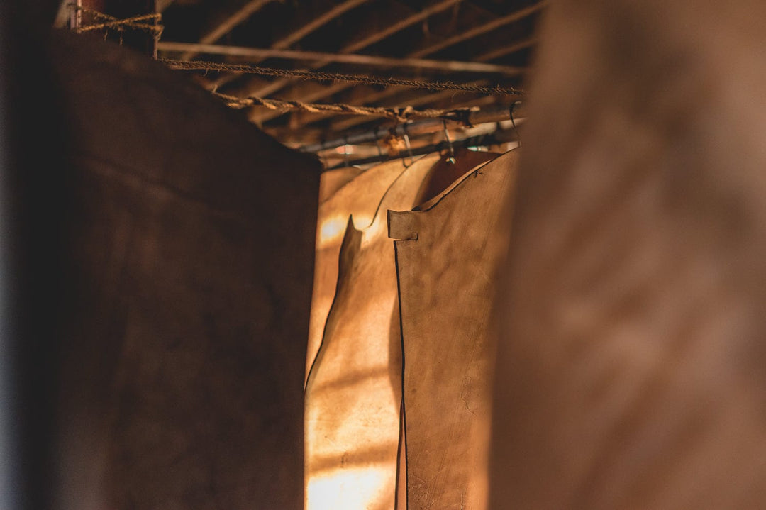 Leather hides hanging to dry in a tannery
