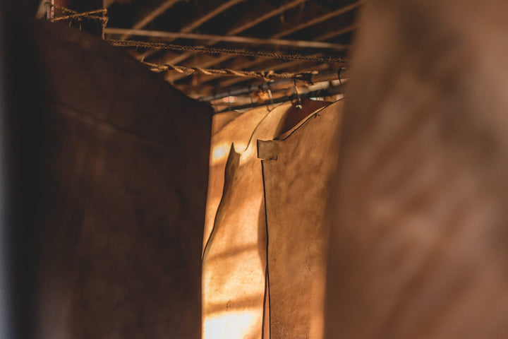 Leather hides hanging to dry in a tannery
