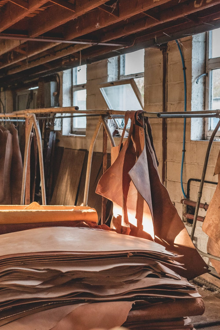 Leather hides and workshop equipment in a tannery