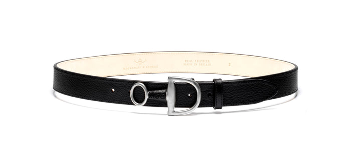Windsor black leather belt with silver hardware, front view