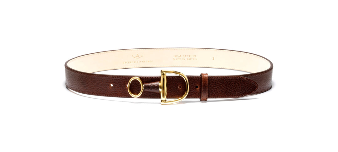 Windsor conker leather belt with brass hardware, front view