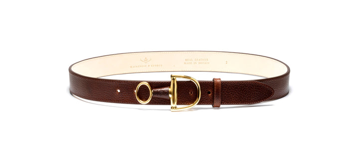 Windsor conker leather belt with brass hardware, front view