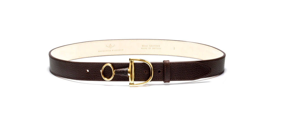Windsor dark brown leather belt with brass hardware, front view