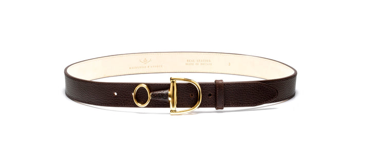Windsor dark brown leather belt with brass hardware, front view