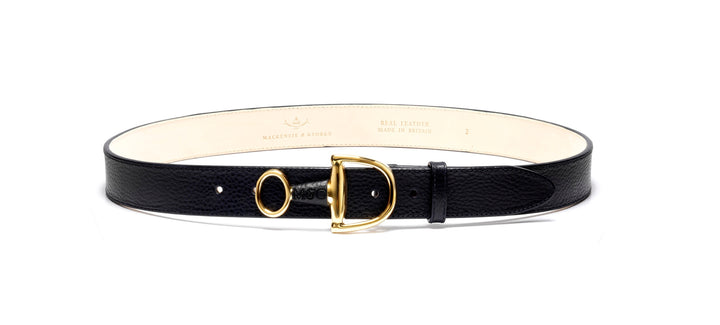 Windsor navy leather belt with brass hardware, front view