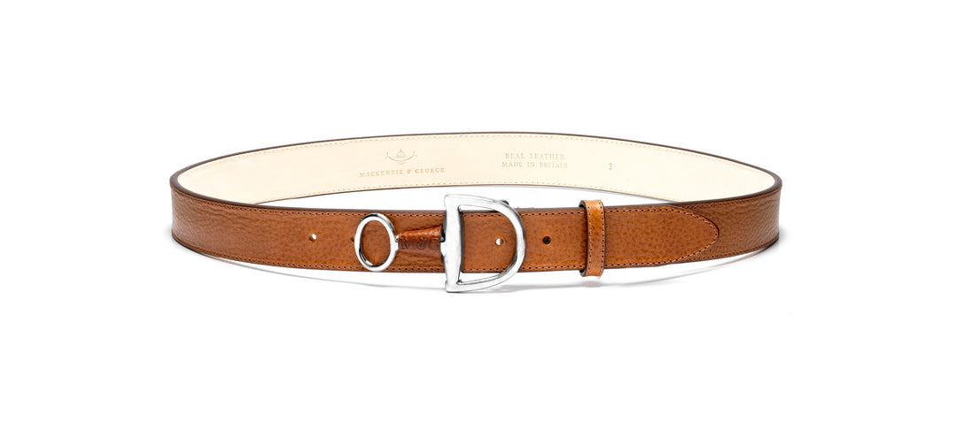 Windsor tan leather belt with silver hardware, front view