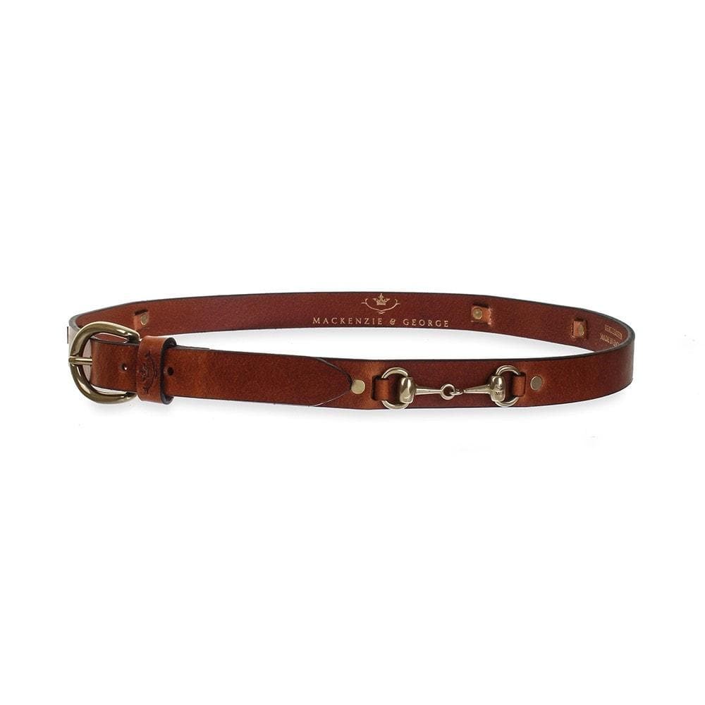 Badminton chestnut leather belt showing the side snaffle fittings