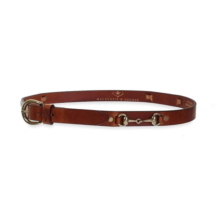 Badminton chestnut leather belt showing the side snaffle fittings