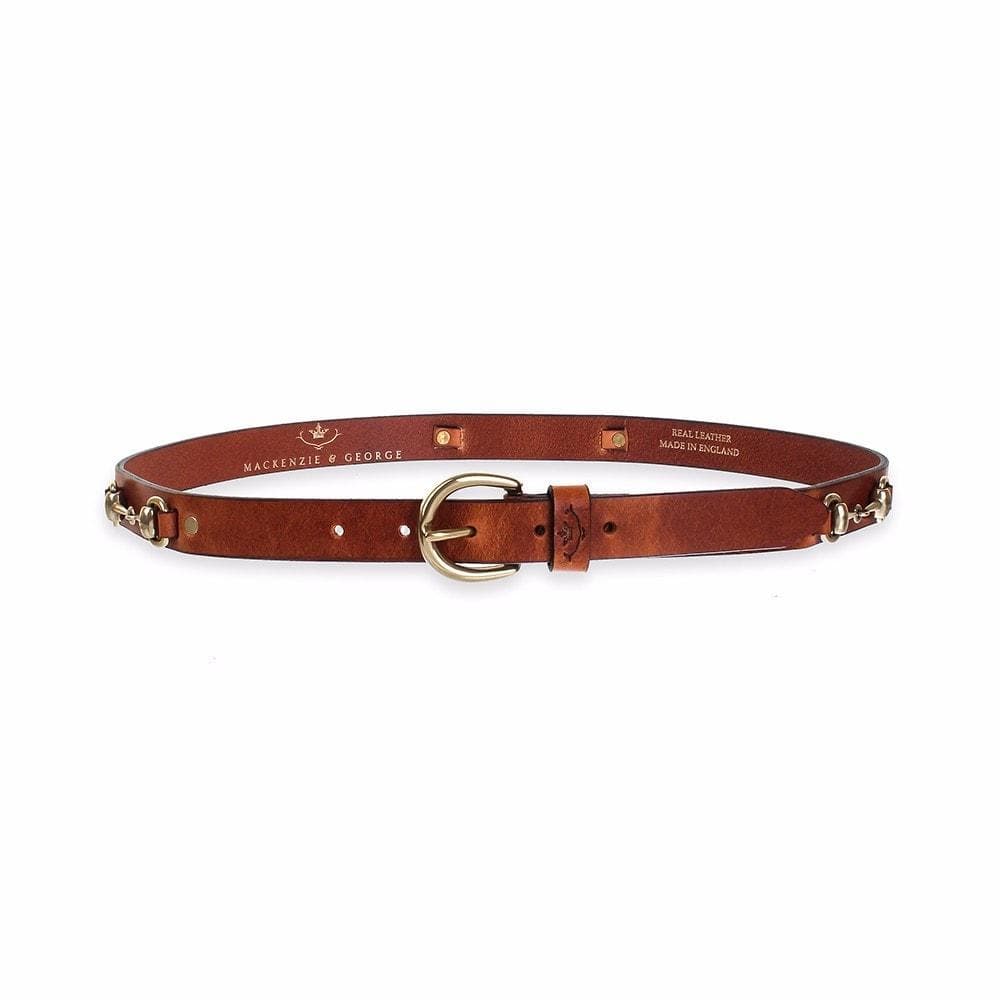 Badminton chestnut leather snaffle belt with gold-tone fittings, front view