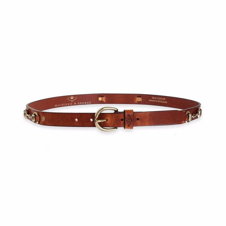 Badminton chestnut leather snaffle belt with gold-tone fittings, front view