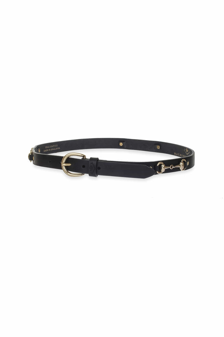 Badminton black leather snaffle belt with silver-tone fittings, full view
