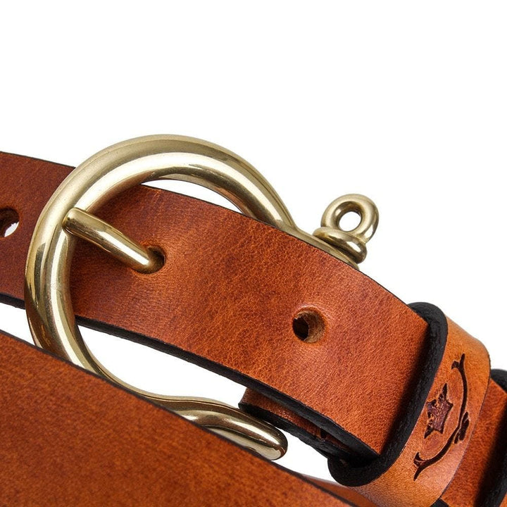 Close-up of the Belton chestnut leather buckle and embossed keeper