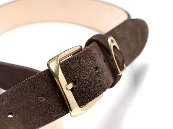 Close-up of the Chatsworth dark suede belt buckle