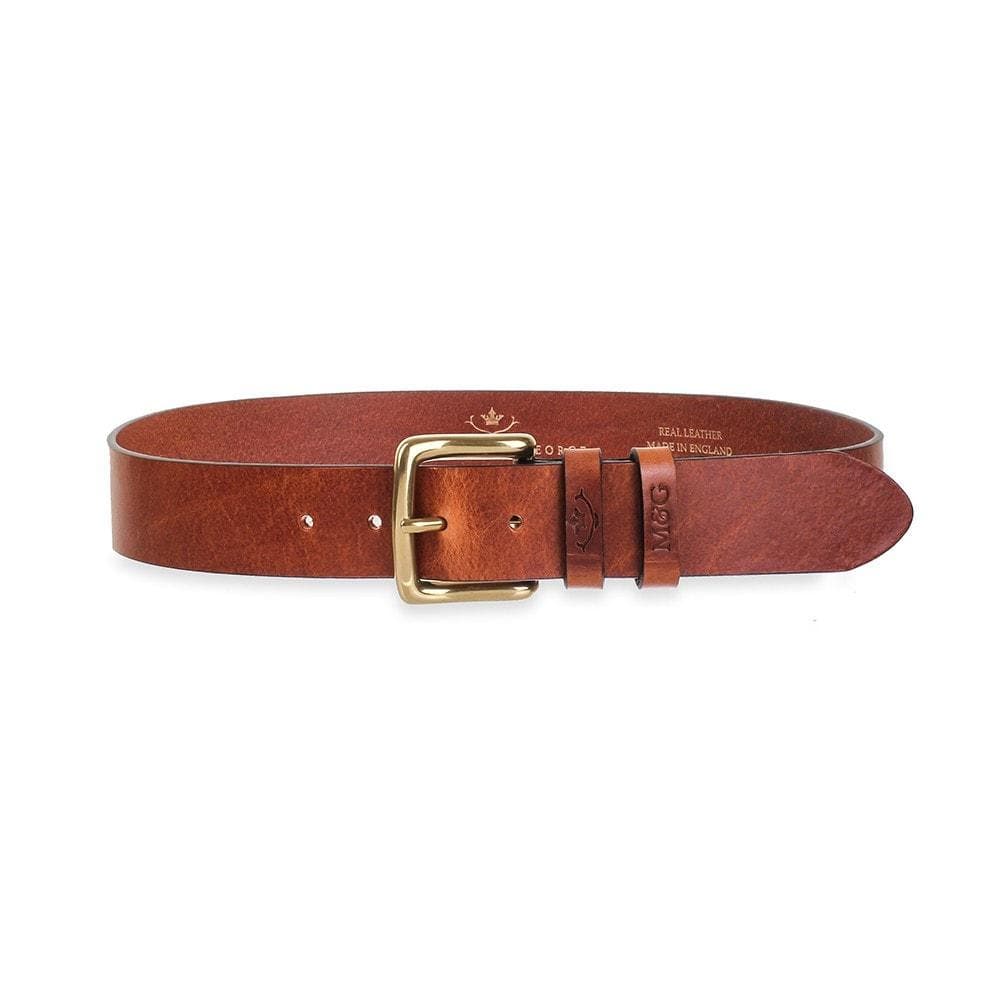 Chester chestnut leather belt with rectangular gold-tone buckle