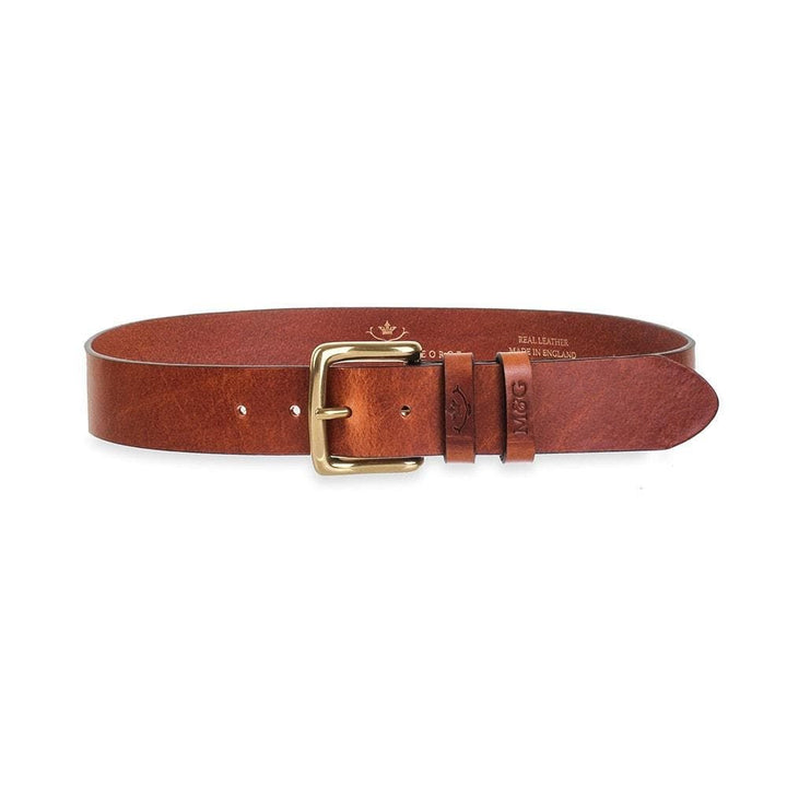 Chester chestnut leather belt with rectangular gold-tone buckle