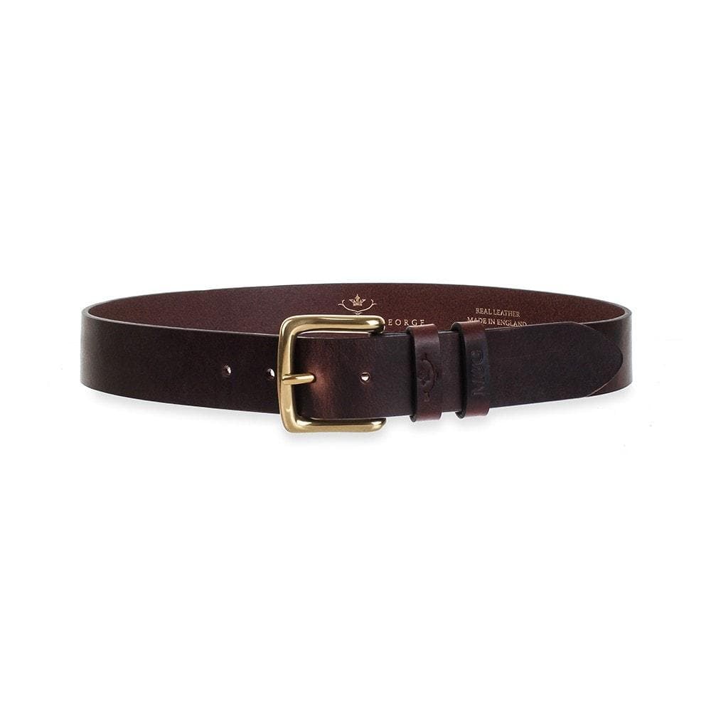 Chester dark brown leather belt with rectangular gold-tone buckle