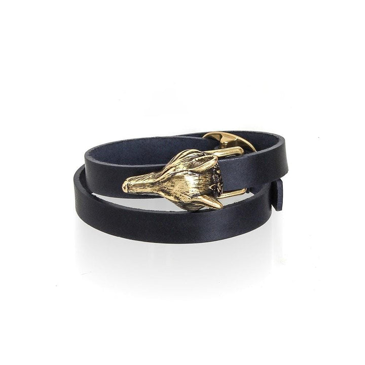Cross Fox dark leather wrap bracelet with gold-tone fox head