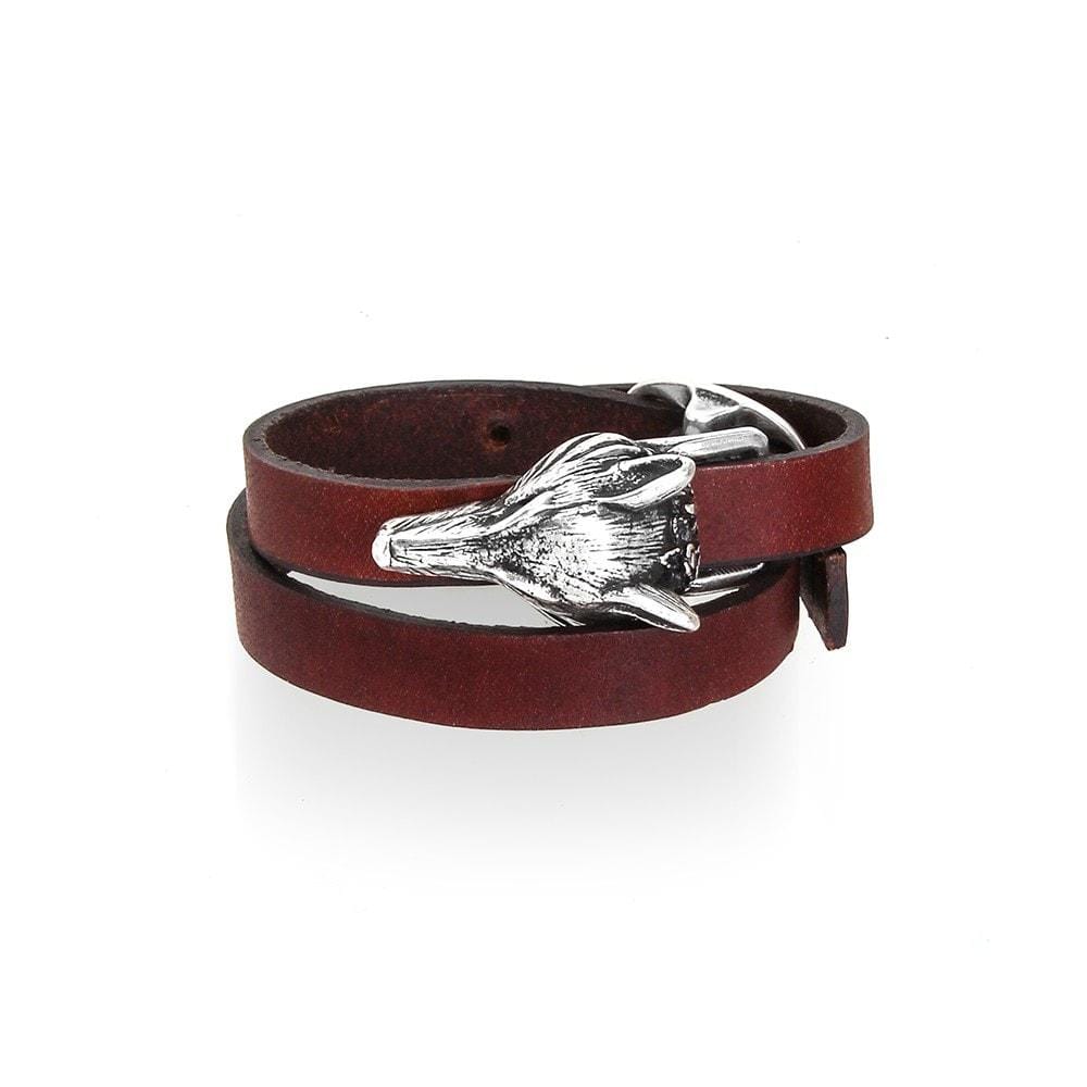 Cross Fox brown leather wrap bracelet with silver-tone fox head