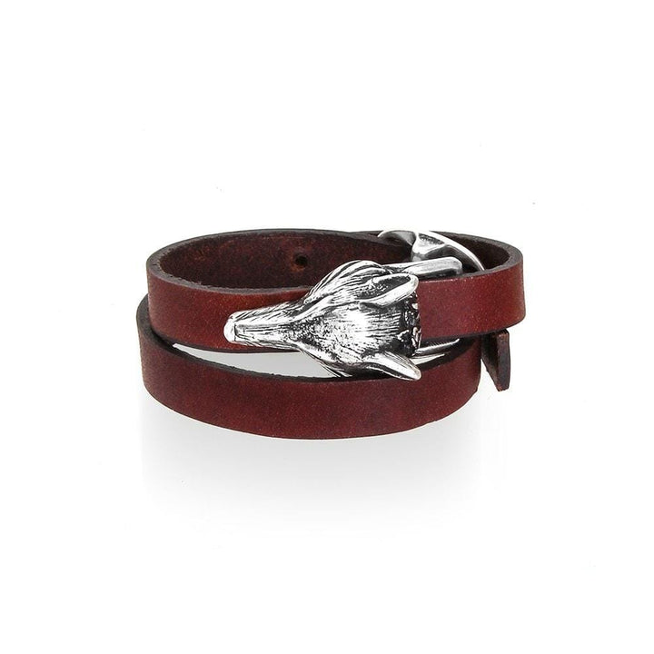 Cross Fox brown leather wrap bracelet with silver-tone fox head