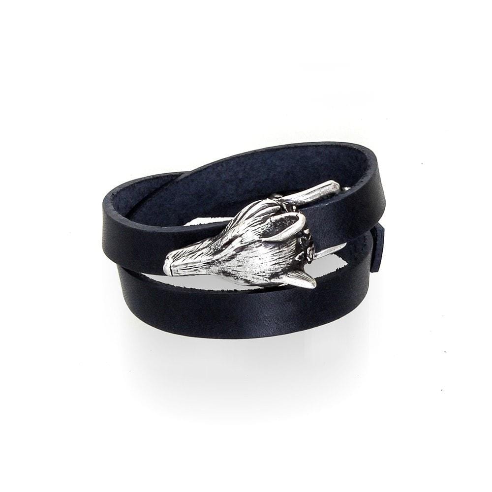 Cross Fox dark leather wrap bracelet with silver-tone fox head