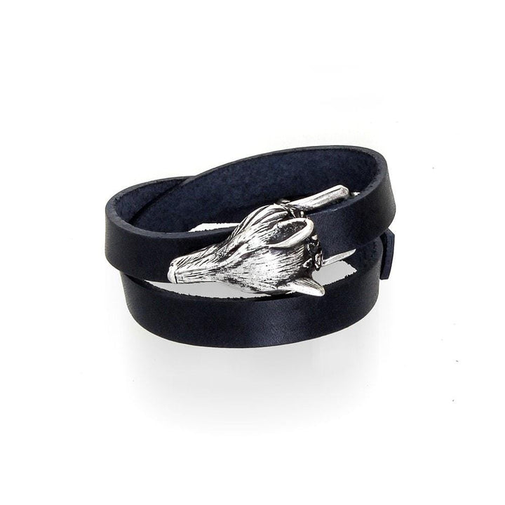Cross Fox dark leather wrap bracelet with silver-tone fox head