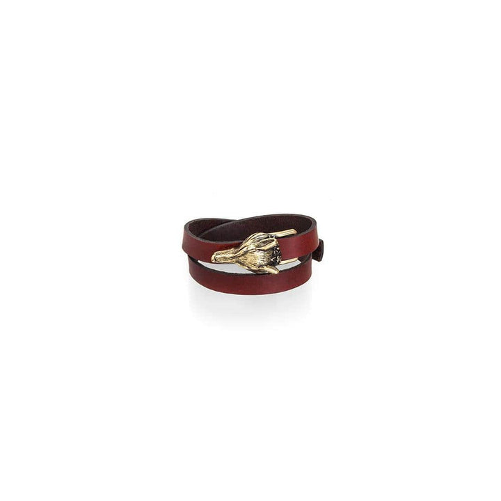 Cross Fox brown leather wrap bracelet with gold-tone fox head