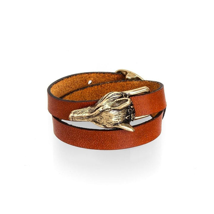 Cross Fox tan leather wrap bracelet with gold-tone fox head
