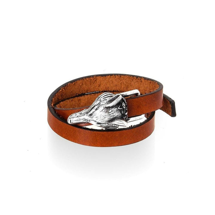 Cross Fox tan leather wrap bracelet with silver-tone fox head