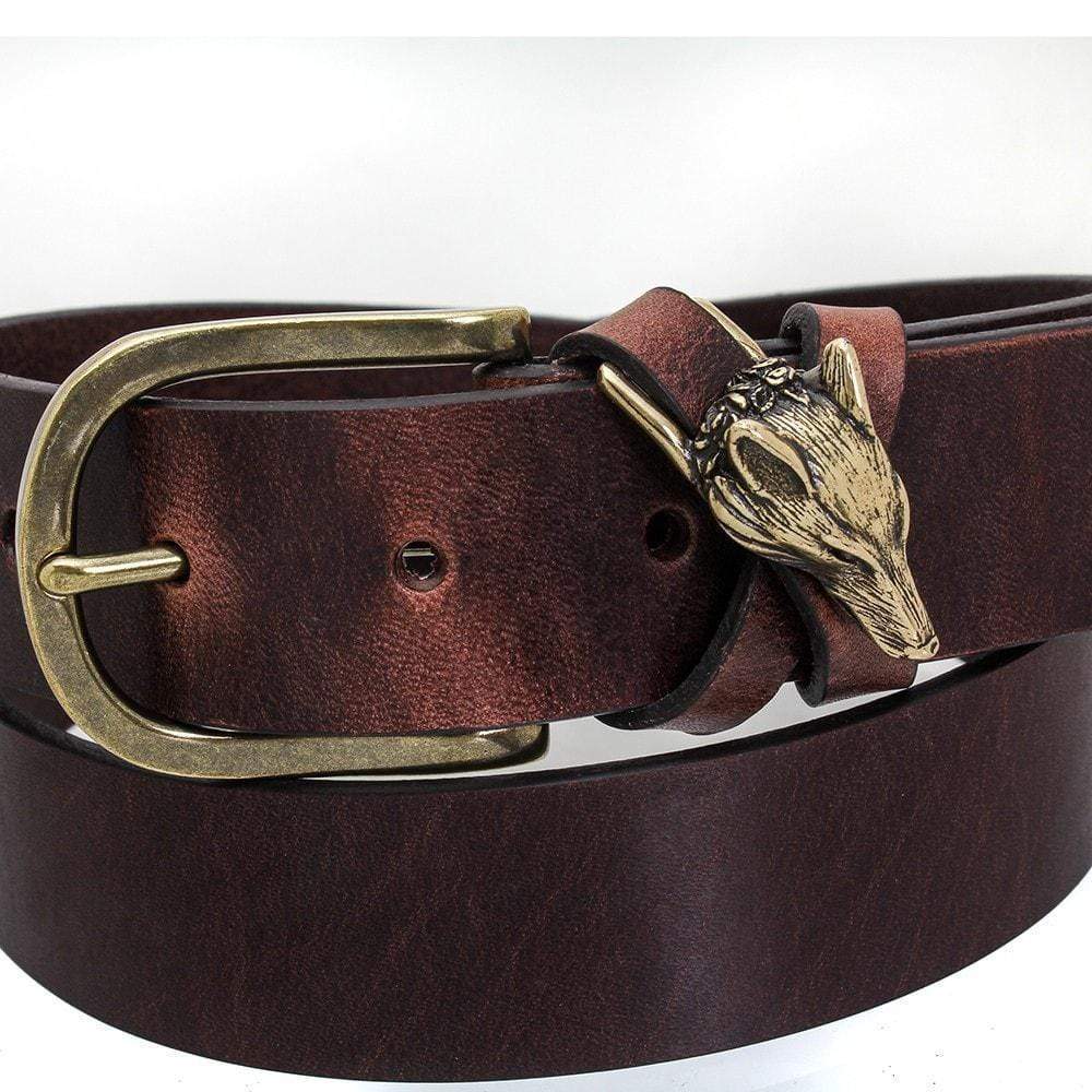 Close-up of the Cross Fox buckle and fox-head keeper