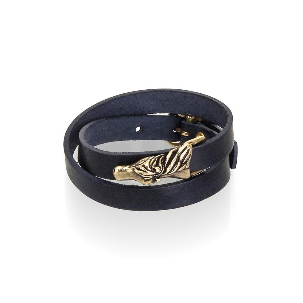 Crossed Horse dark leather wrap bracelet with gold-tone horse fitting