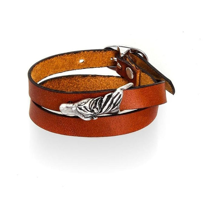 Crossed Horse tan leather wrap bracelet with silver-tone horse fitting
