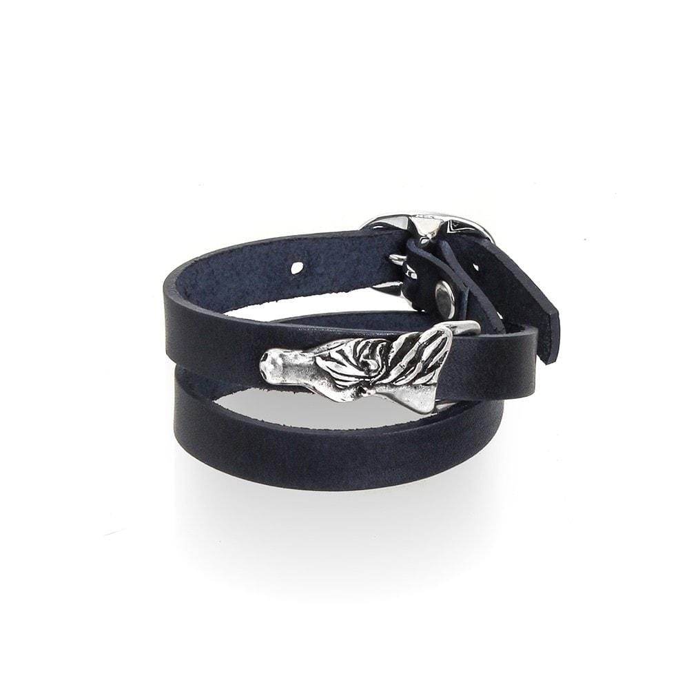 Crossed Horse dark leather wrap bracelet with silver-tone horse fitting