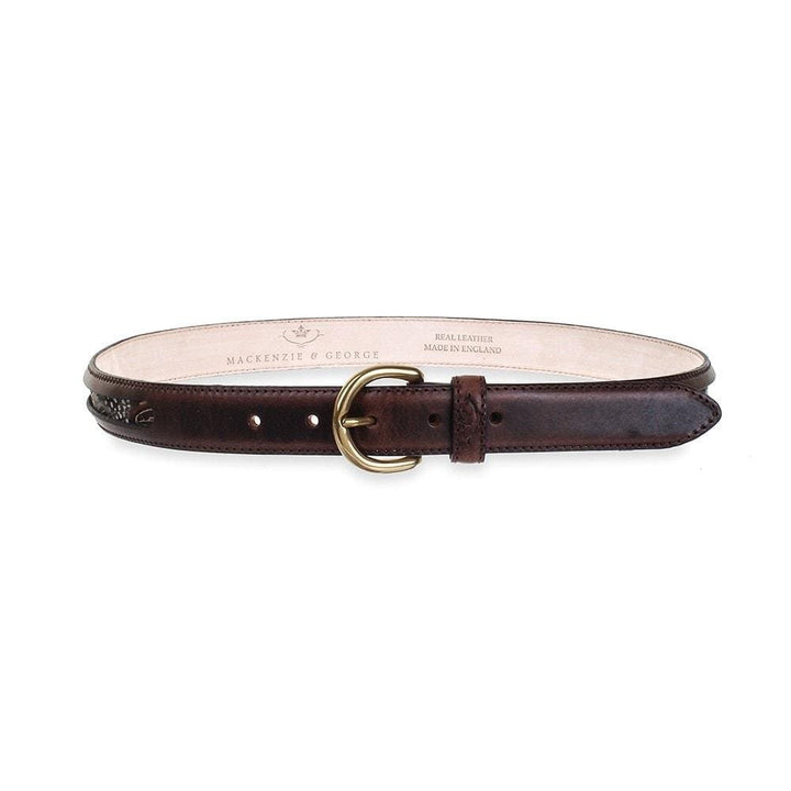 Drayton dark brown leather belt showing feather panels, front view