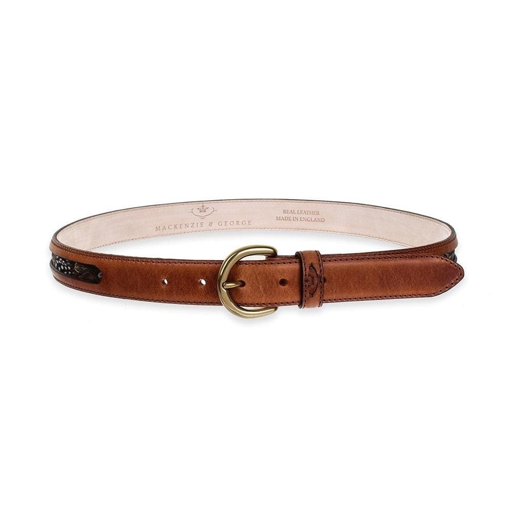 Drayton tan leather belt showing feather panels, front view
