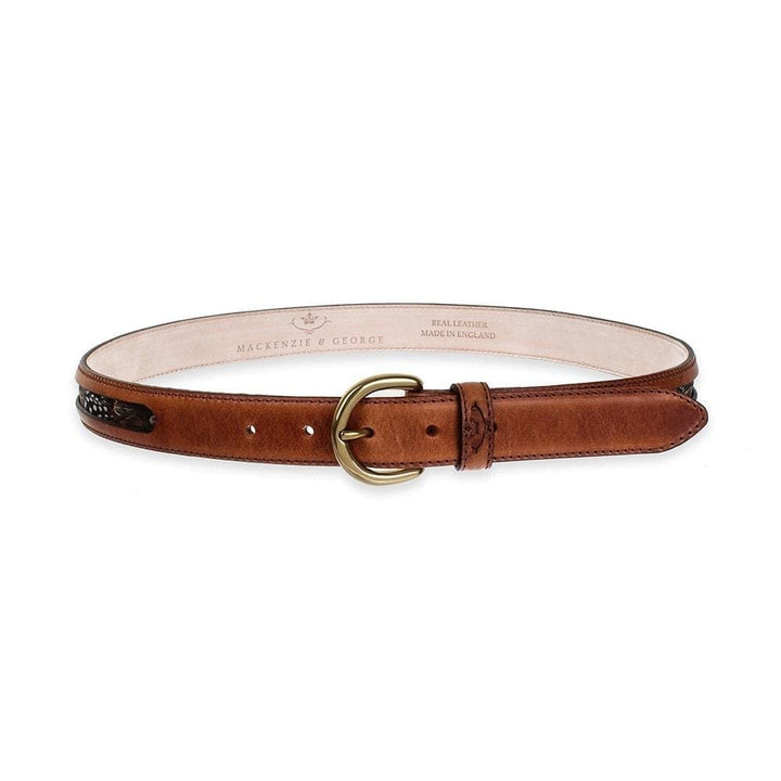 Drayton tan leather belt showing feather panels, front view