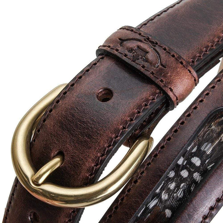 Close-up of the Drayton dark leather buckle and feather panel