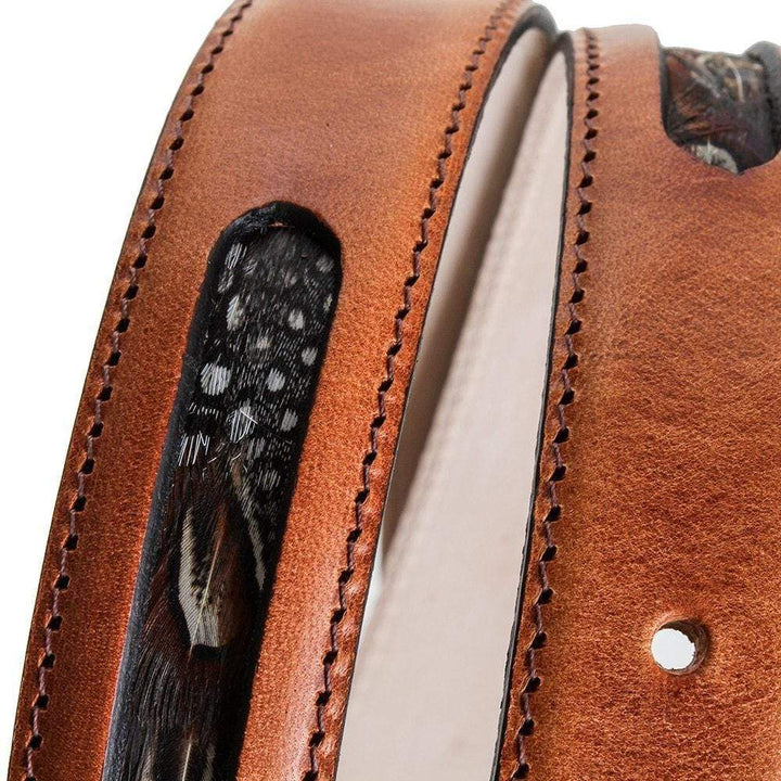 Drayton tan leather stitching and feather inset detail