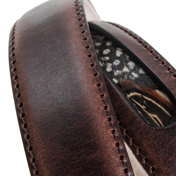 Drayton dark leather stitching and feather inset detail