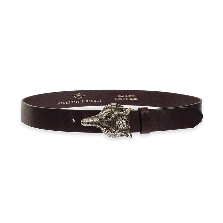 Fox dark brown leather belt with sculpted fox-head buckle