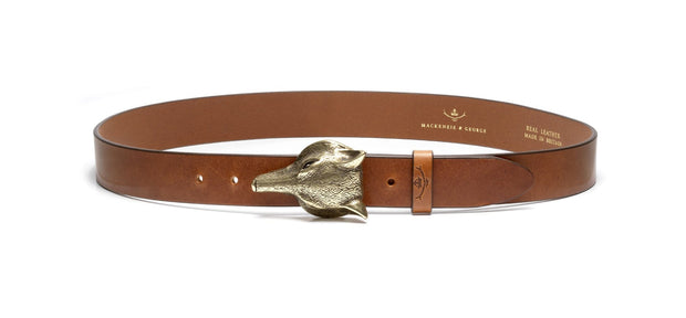 Mackenzie & George Leather Belt British-made-leather-goods Fox mask head belt | Mackenzie & George tan oak brown chocolate mahogany
