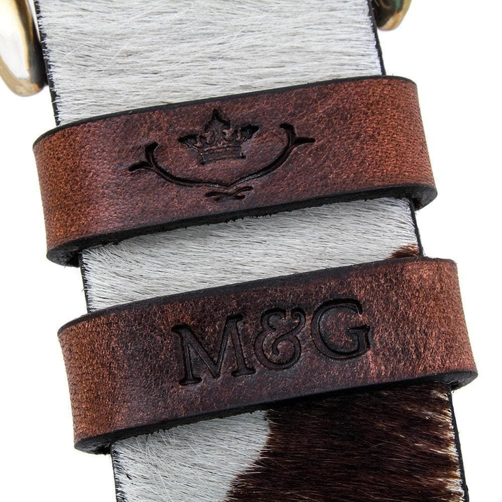 Ledbury hair-on-hide belt with embossed leather keepers