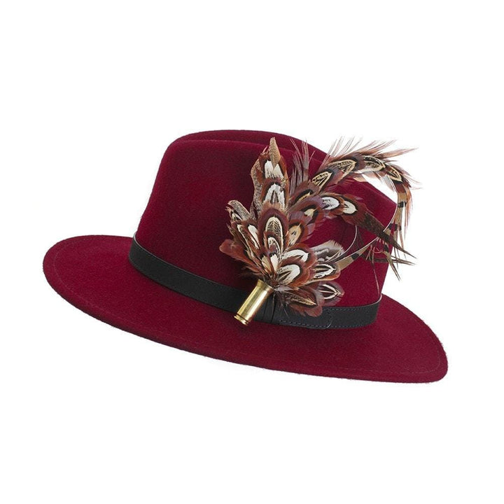 Pheasant Biot (Small) feather brooch, on a wine fedora
