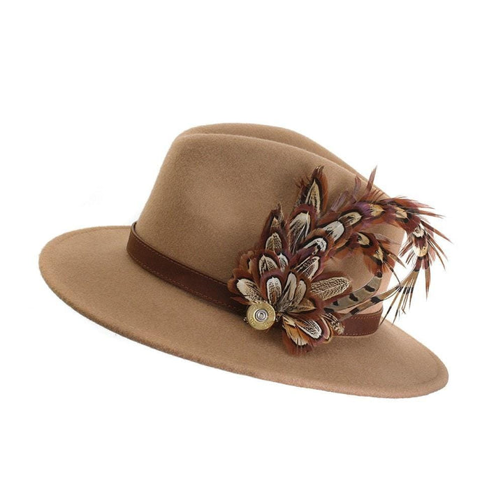 Pheasant Biot (Small) feather brooch, on a camel fedora